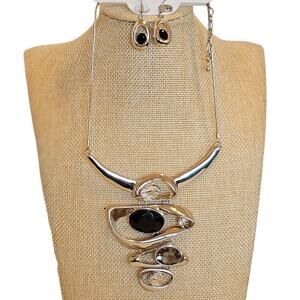 Statement Necklace Earring Set Women Silver Tone Black Clear Gem Fashion Jewelry
